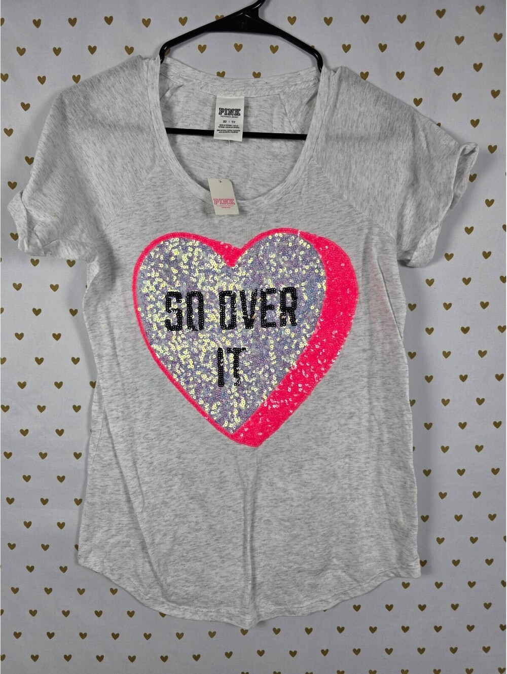 NWT Victoria's Secret PINK Sequin Heart So Over It Graphic Tee Shirt Gray XS